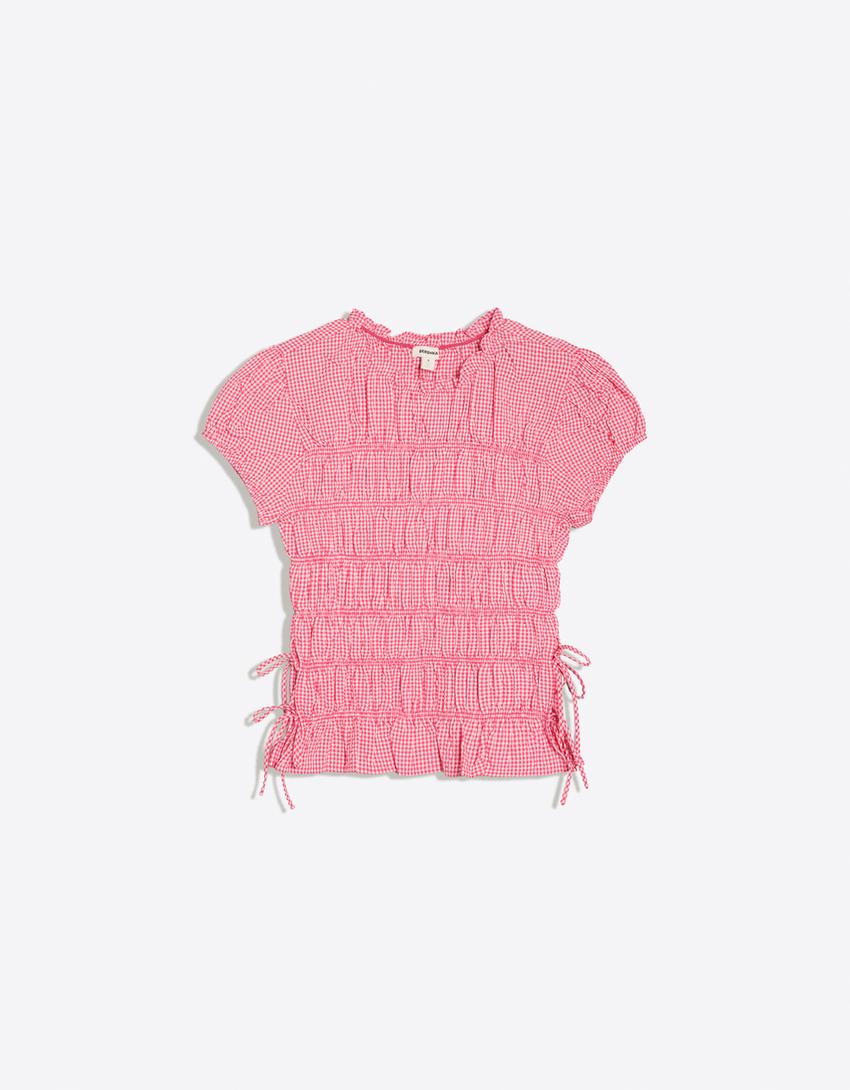 Yanları bağcıklı büzgülü t-shirt-Kırmızı