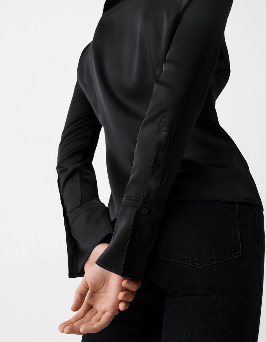 Fitted satin shirt with bell sleeves-Black-6