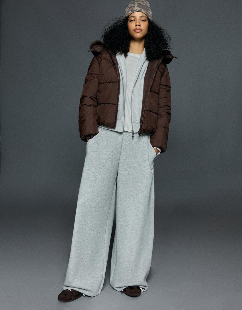Quilted jacket with faux fur hood-Brown