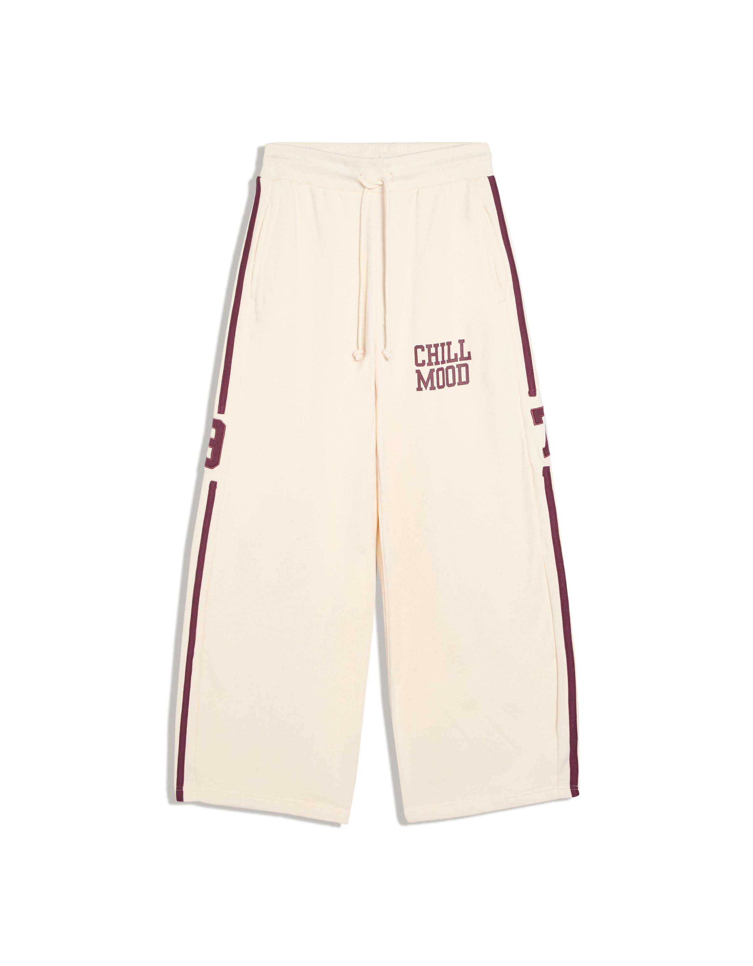 Embroidered wide-leg plush trousers — Cream