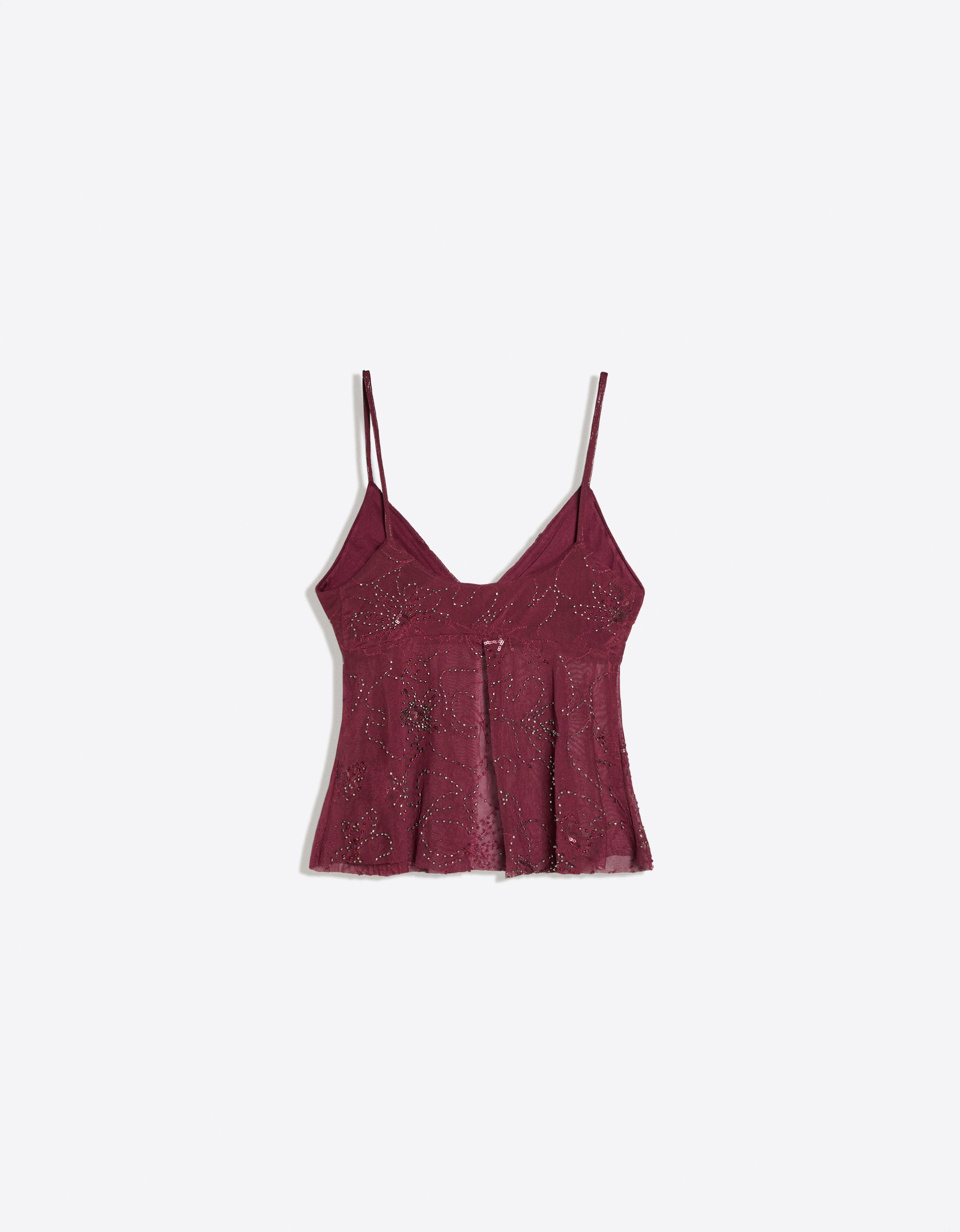 Rhinestone mesh strappy top — Burgundy