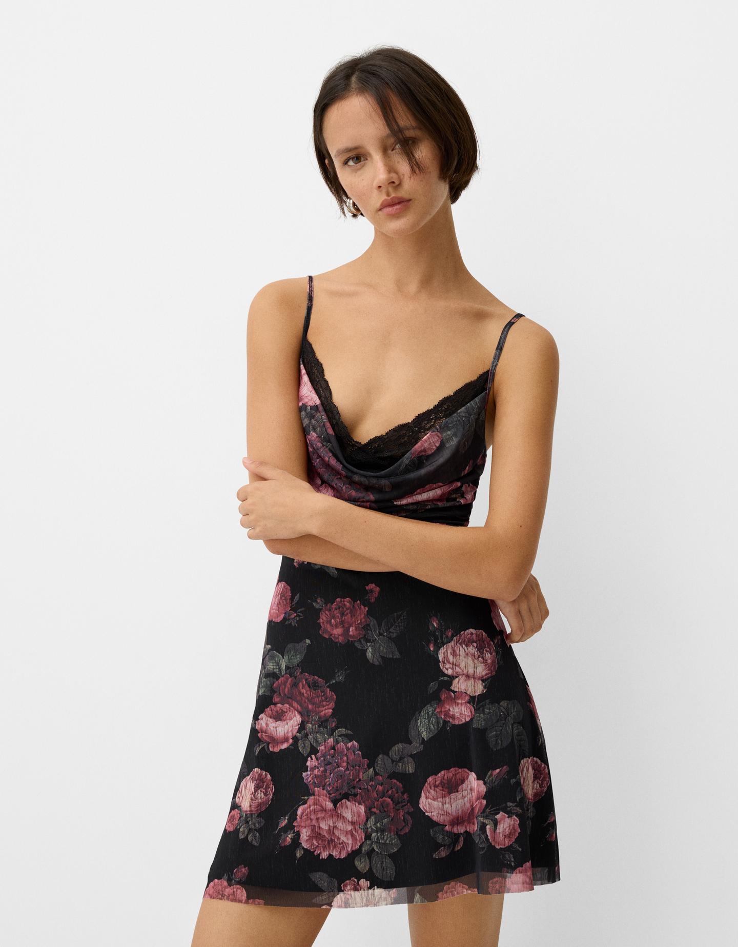 Bershka Vestido Mini Tirantes Tul Print Mujer S Negro