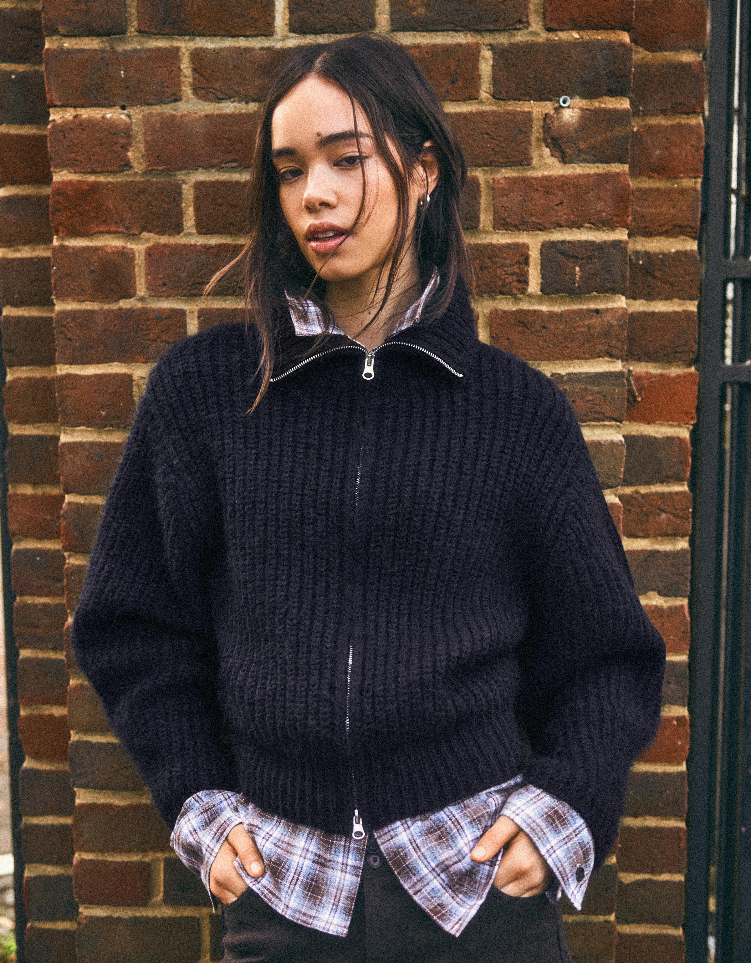 Bershka Cardigan Mit Stehkragen Und Reißverschluss Damen S Blau