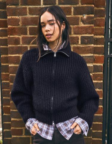 High-neck zip-up cardigan