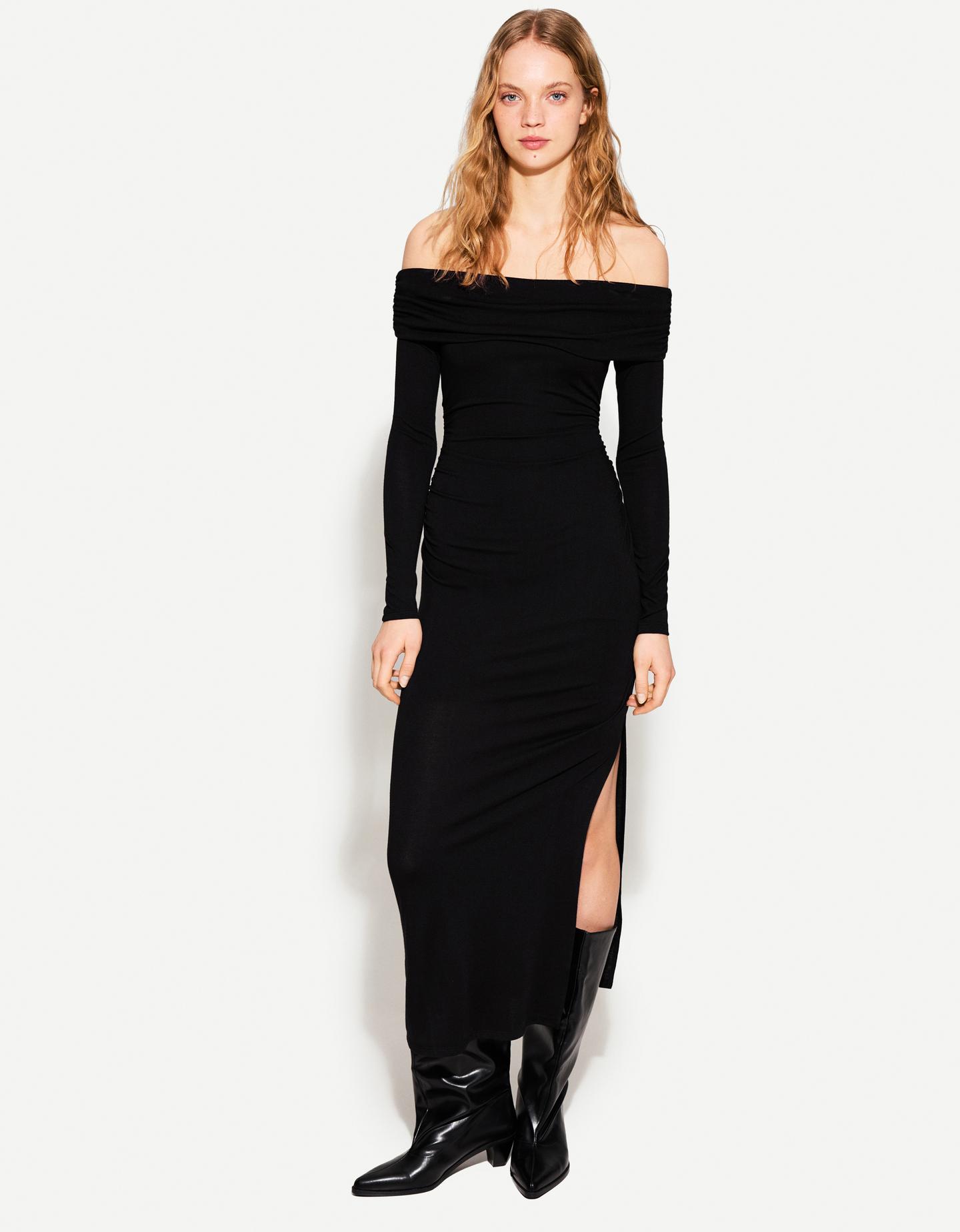 Bershka Midikleid Mit Carmen-Ausschnitt Damen S Schwarz günstig online kaufen