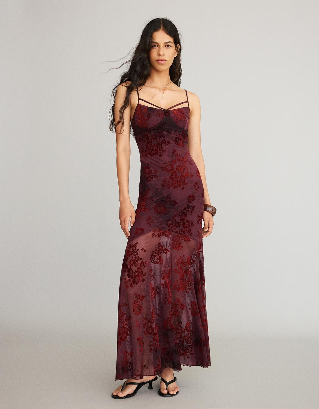 Flocked tulle midi dress with straps