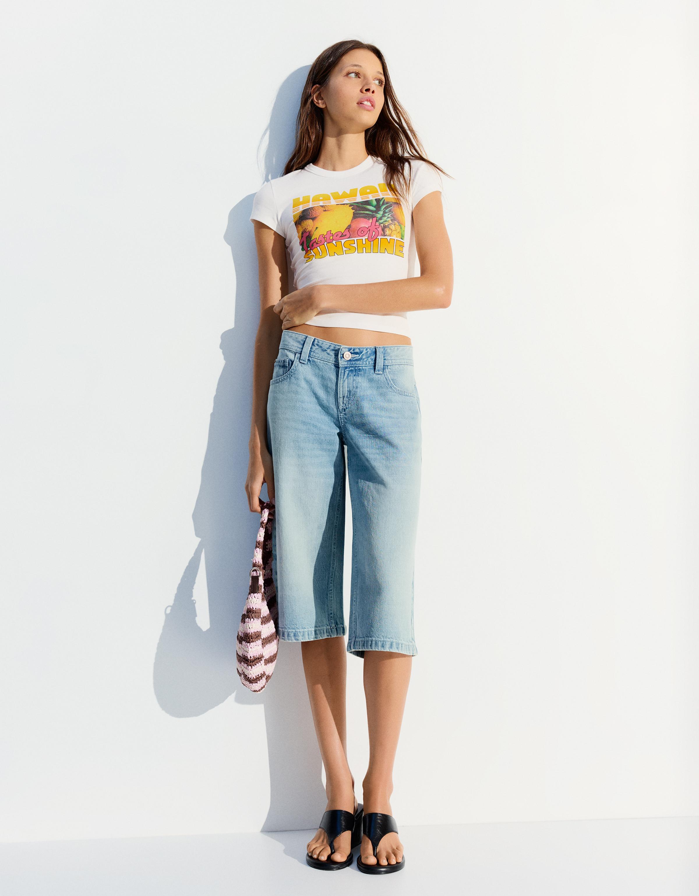 Bershka Camiseta Manga Corta Print Mujer Blanco Roto