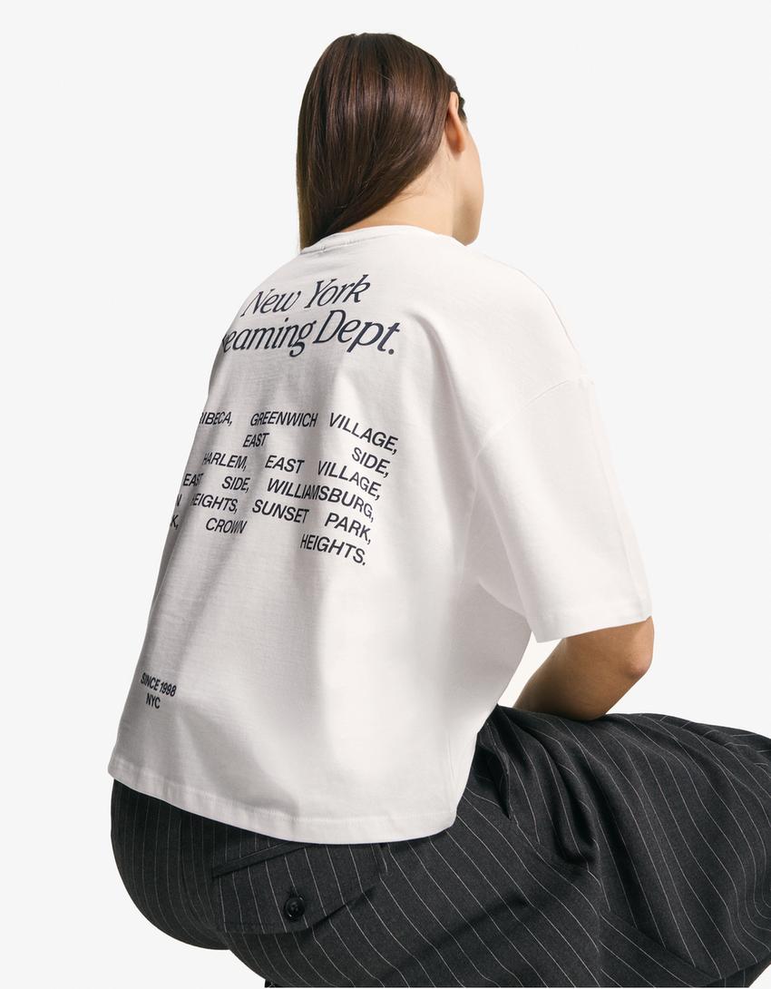 T-shirt Boxy fit à manches courtes imprimé-Blanc cassé