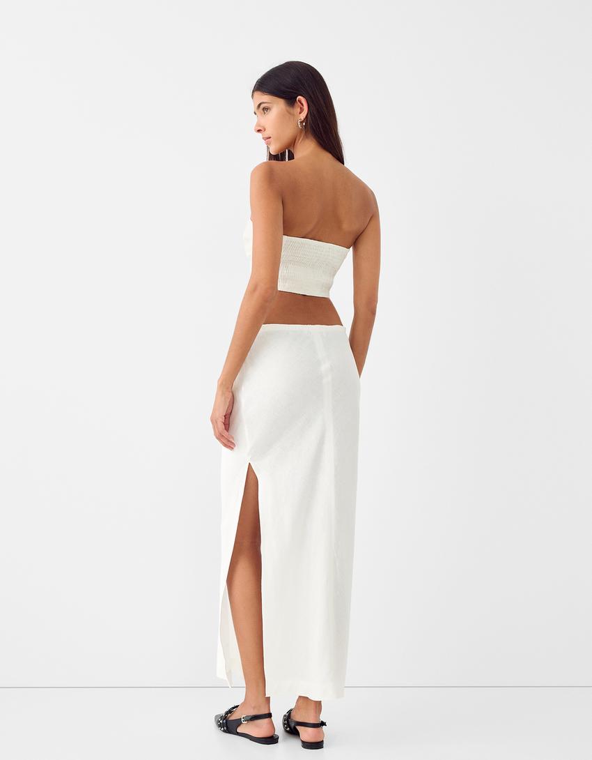 تنورة كتان متوسطة الطول-أبيض مطفي-2