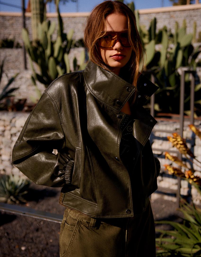 Blouson similicuir à revers-Kaki