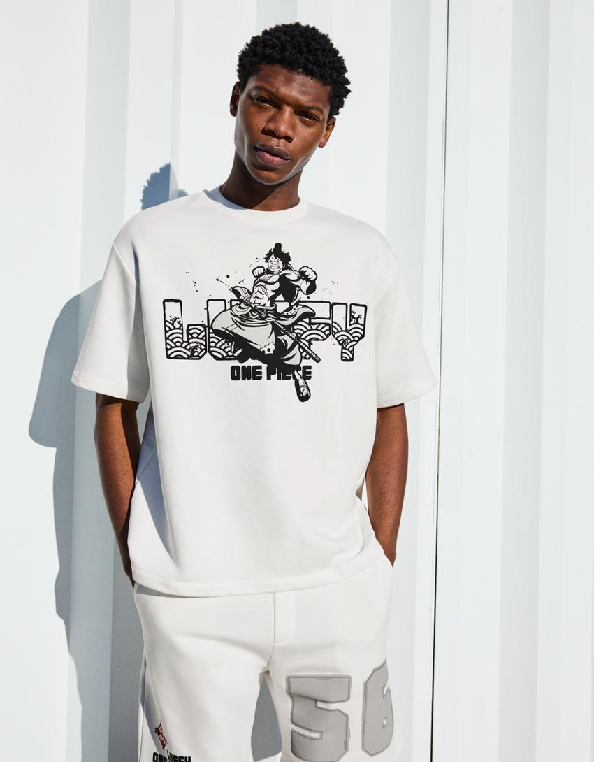 T-shirt One Piece molleton manches courtes imprimé-Blanc cassé