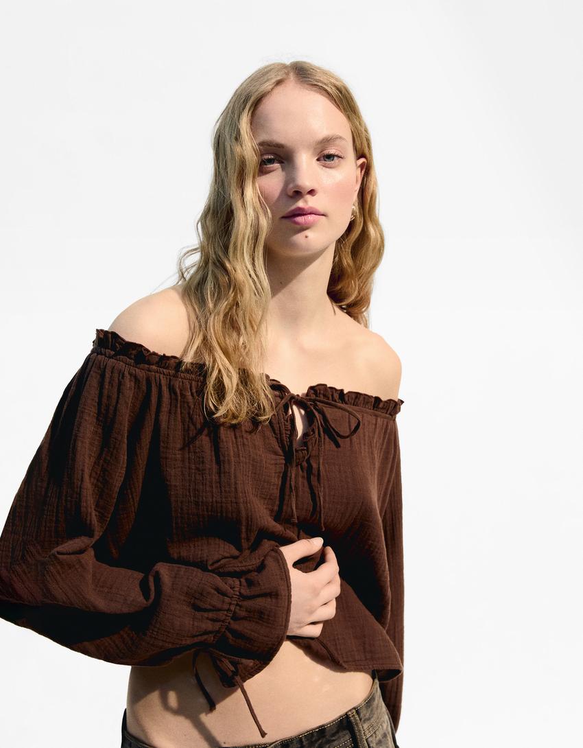 Bluse mit fallender Schulternaht und Schnürung-Braun-1
