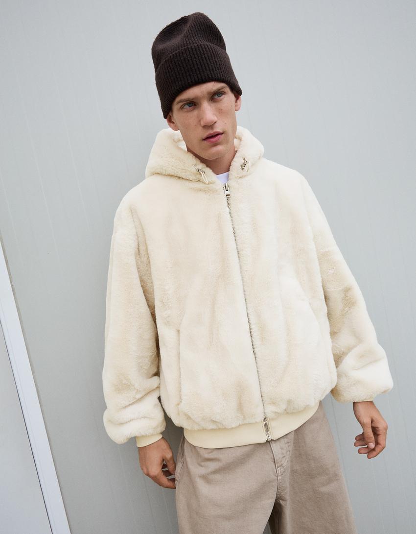 Hooded faux fur jacket-Cream
