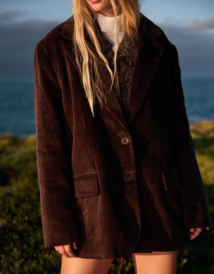 Blazer en velours côtelé-Marron