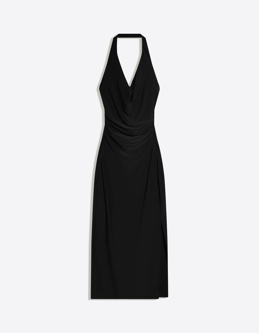 Robe midi encolure américaine-Noir