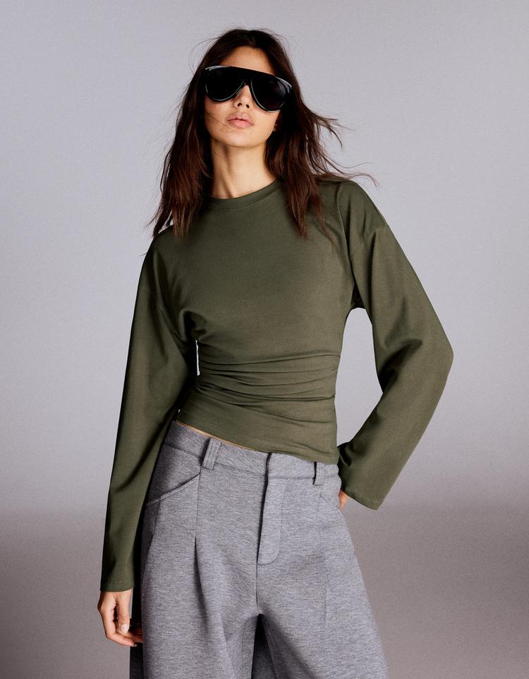 Ruched long sleeve T-shirt — Khaki