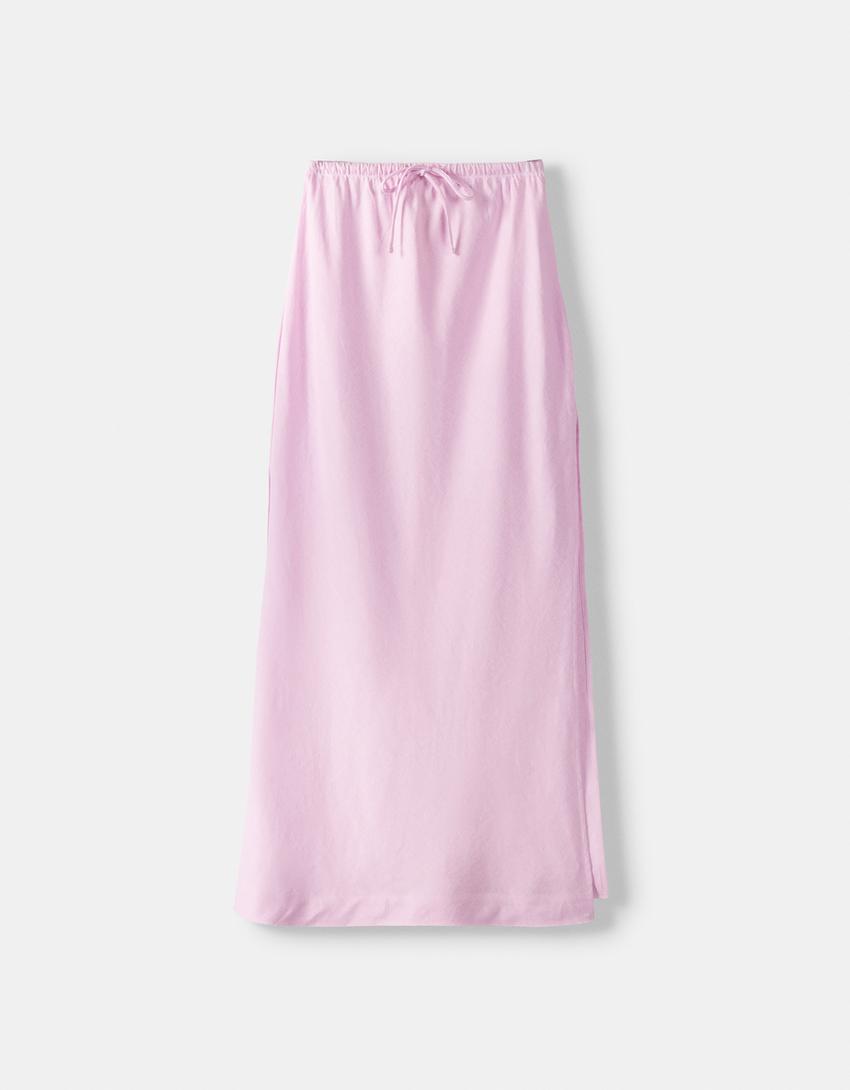 تنورة كتان متوسطة الطول-زهري-5