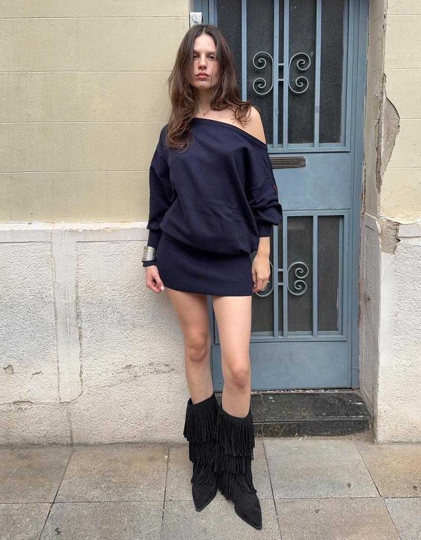 Vestito mini asimmetrico a costine-Azzurro