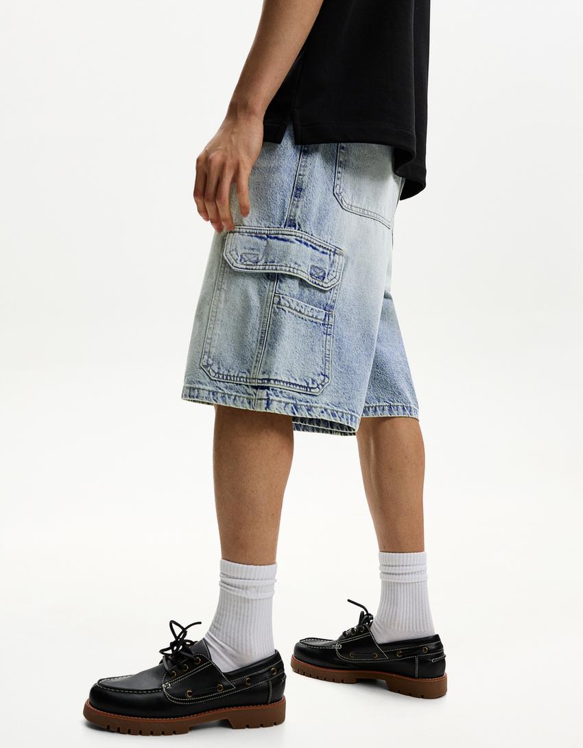 Bermuda baggy cargo-Azzurro Lavato