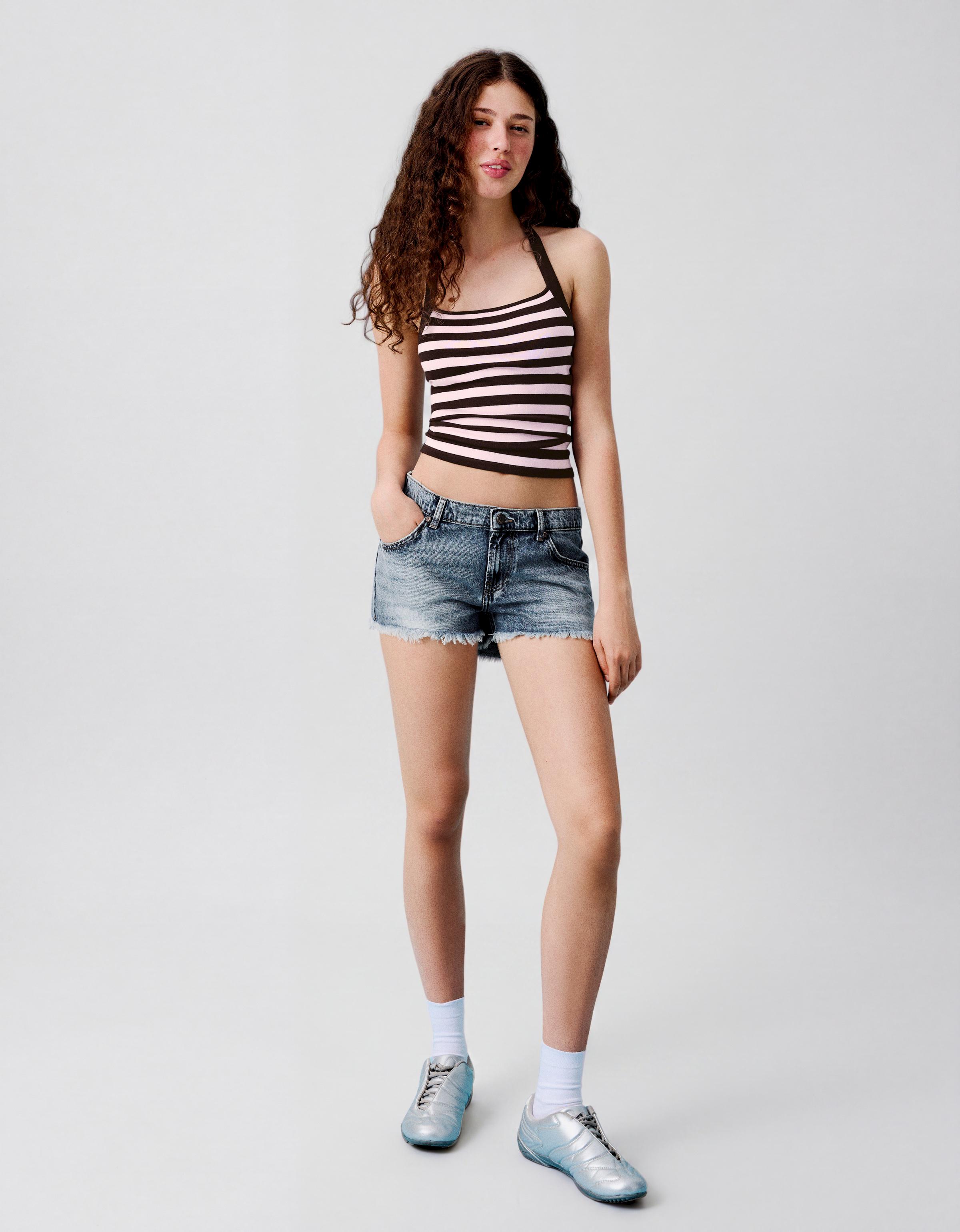 Denim mini shorts with frayed hem — Blue