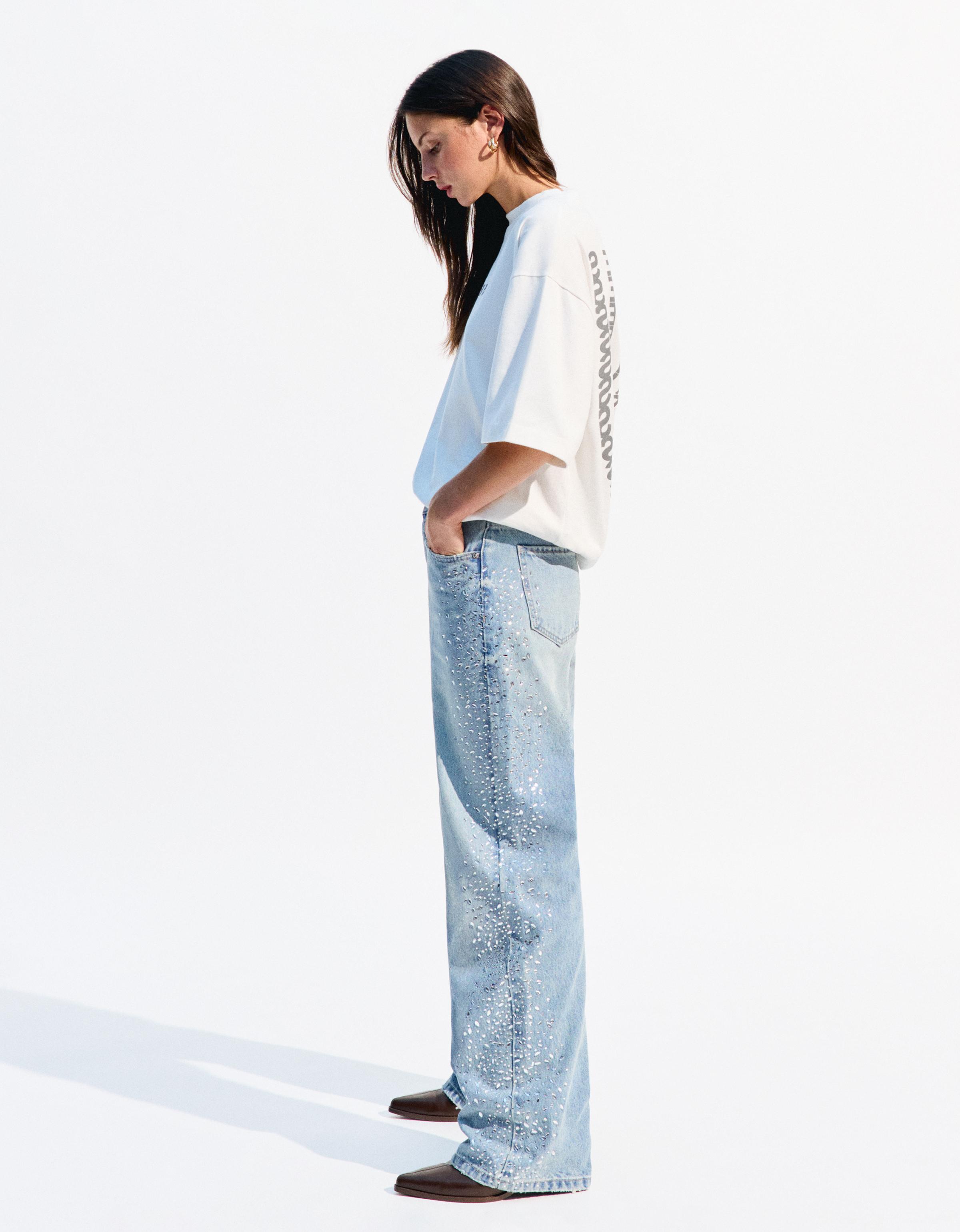 Bershka Glänzende 90 'S-Jeans Mit Weitem Bein Damen 42 Ausgewaschenes Blau