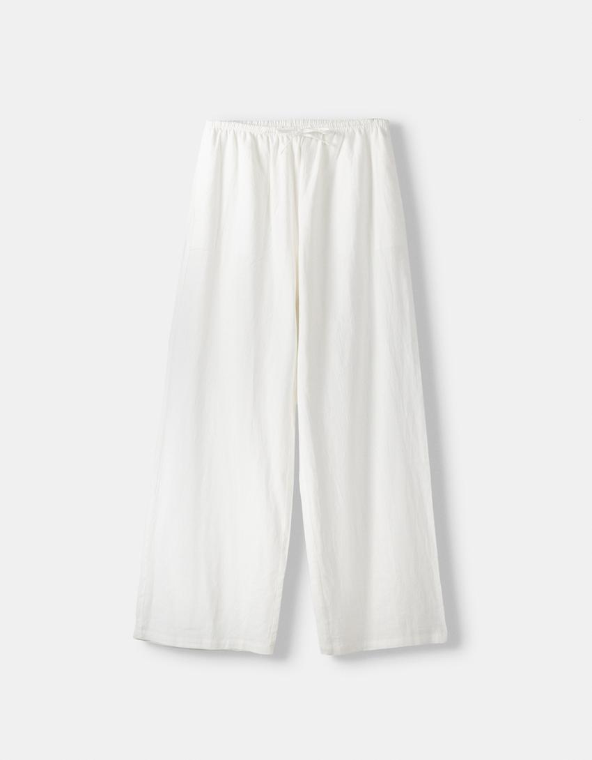 Calças direitas com linho cintura elástica-Gelo-4