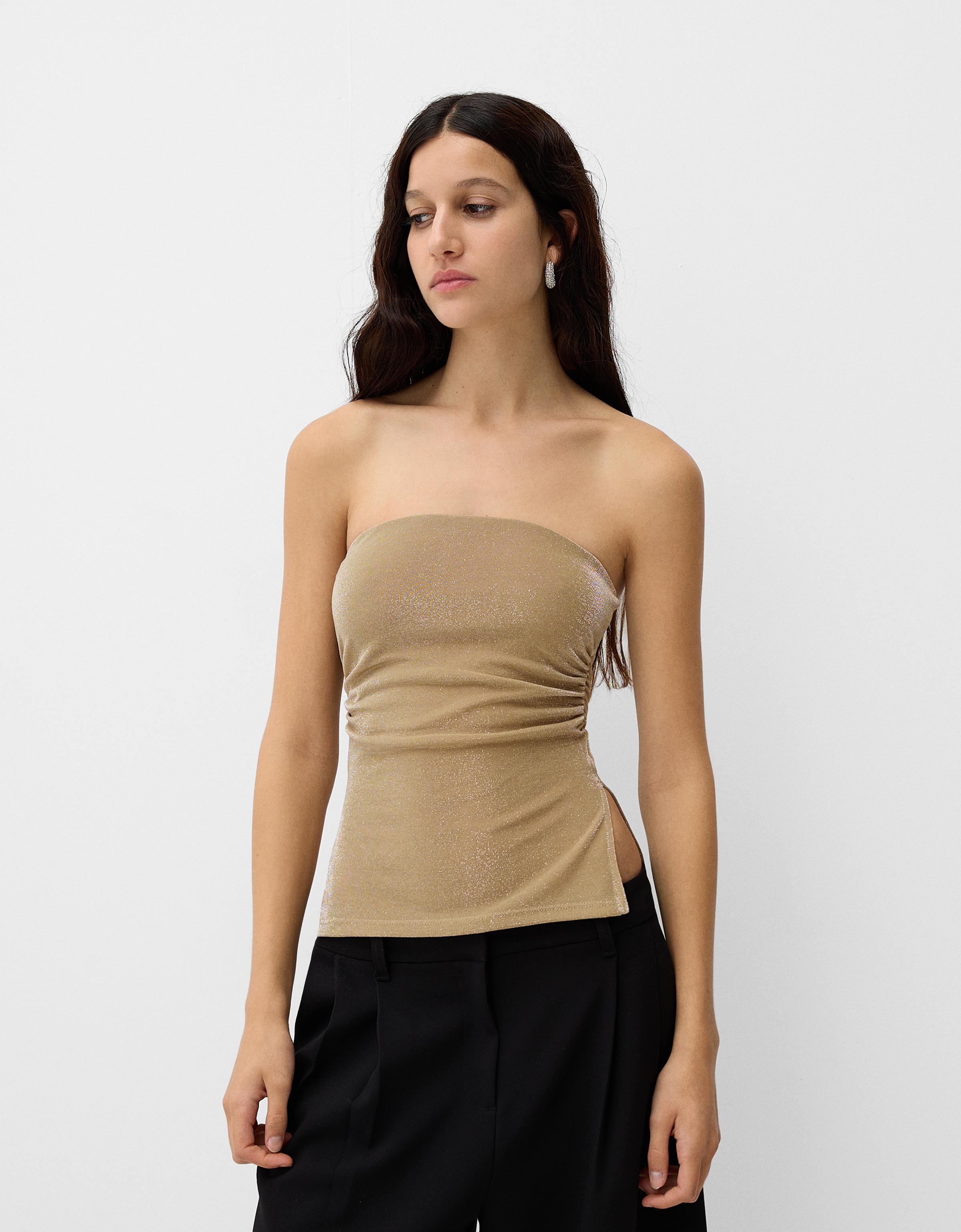 Bershka Bandeau-Top Mit Metallisiertem Garn Und Seitlichen Schlitzen Damen L Gold