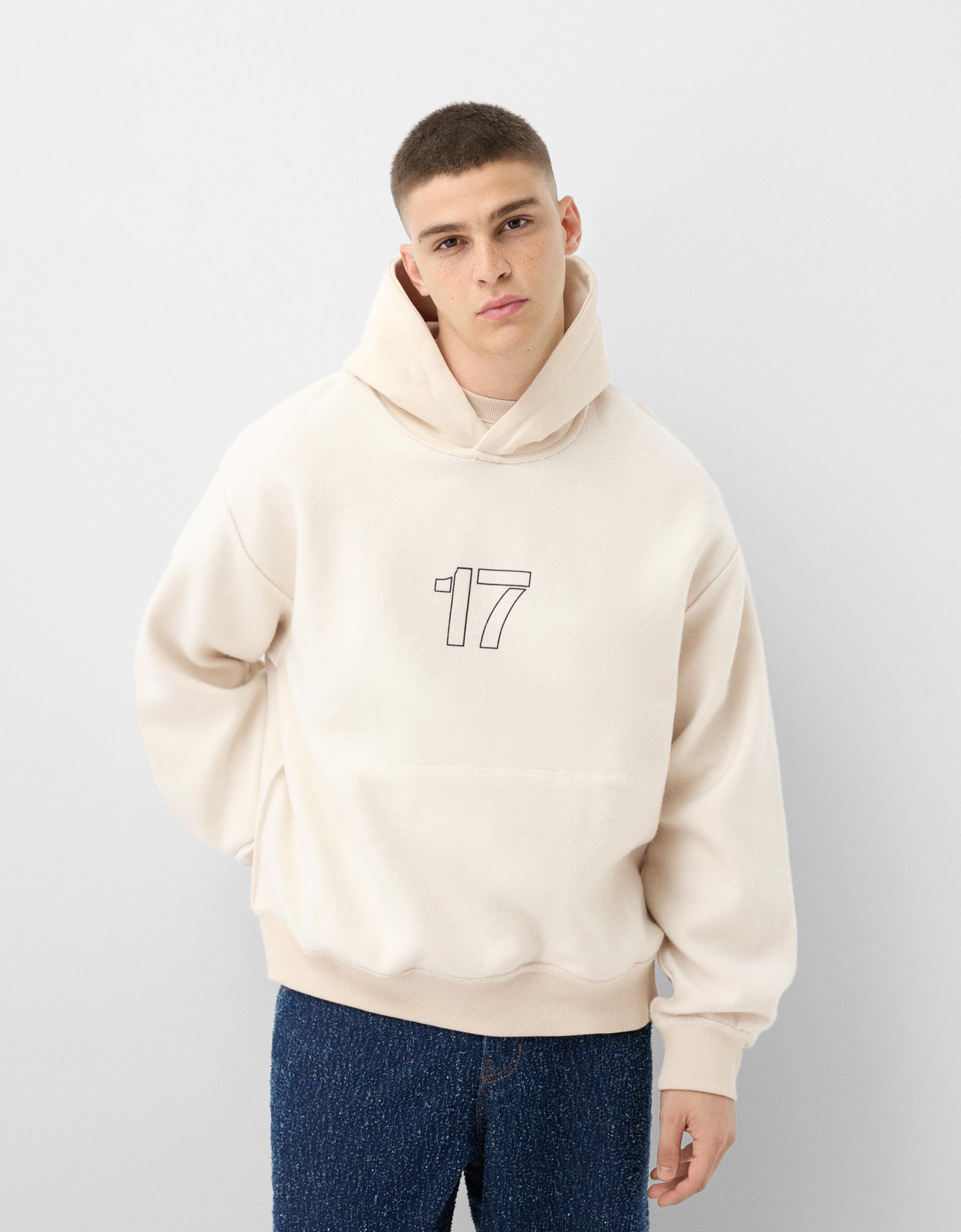 Bershka Hoodie Mit Kapuze Und Boxy-Print Herren L Beige