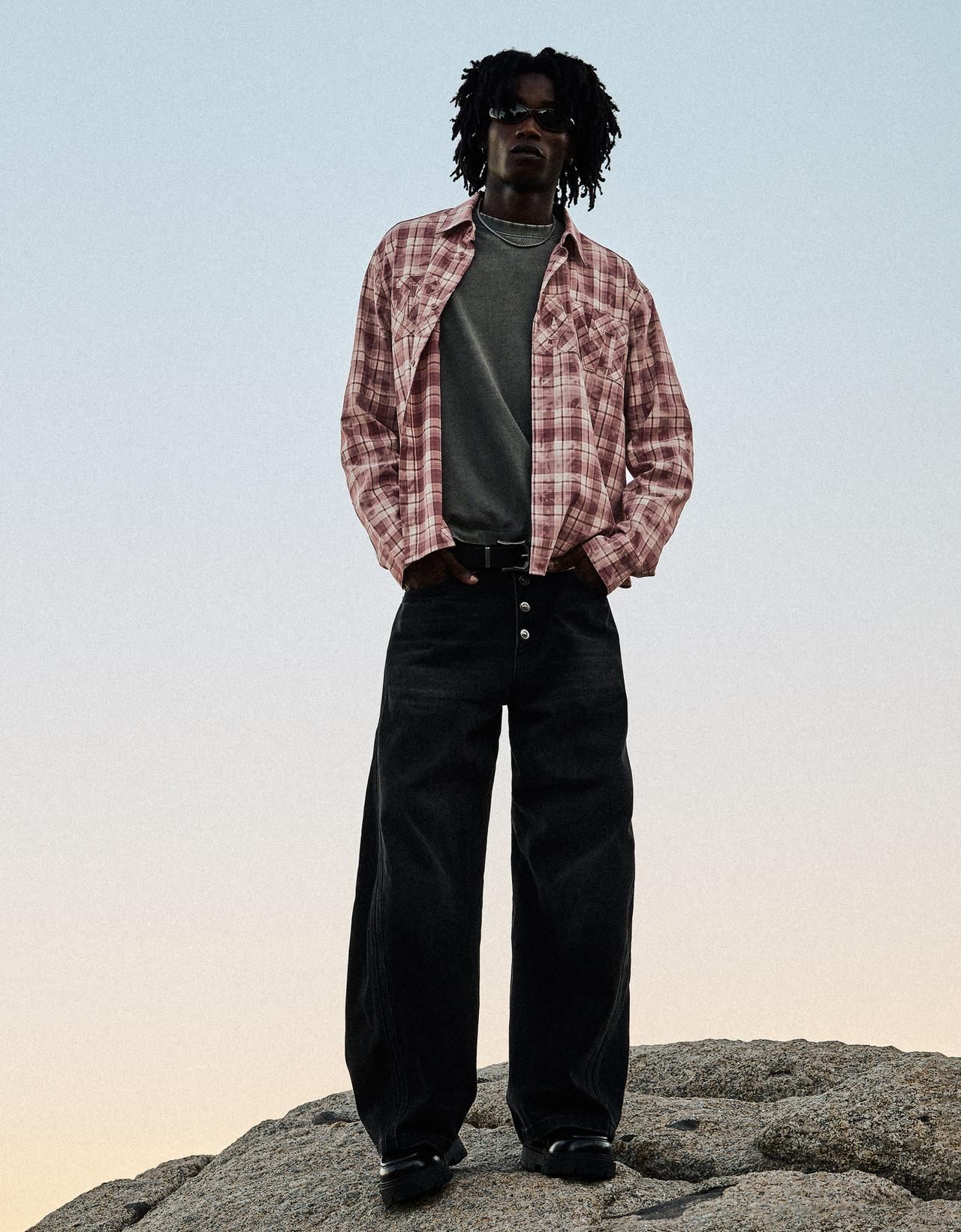 Long sleeve patch check shirt — Pink