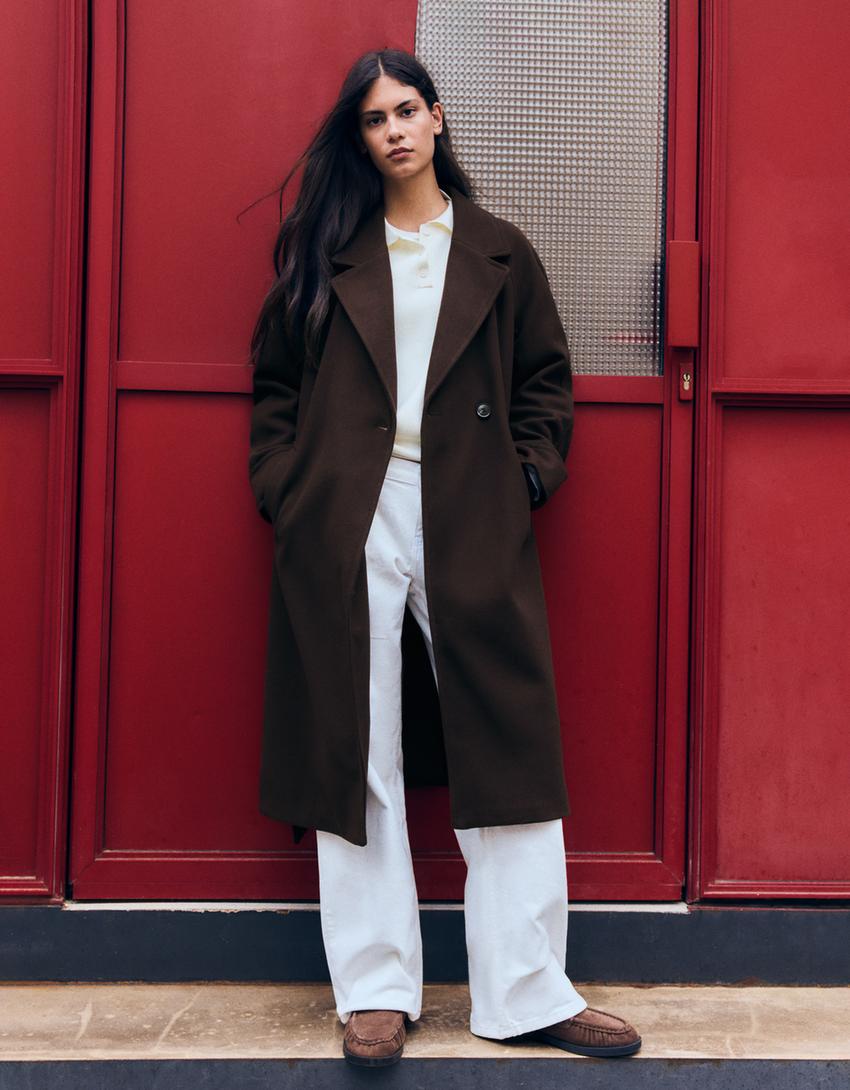 Soft touch long belted coat-Brown