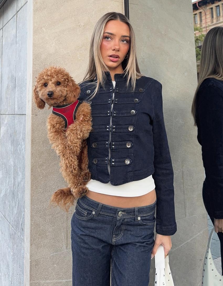 Önden düğmeli denim ceket-Denizci mavisi