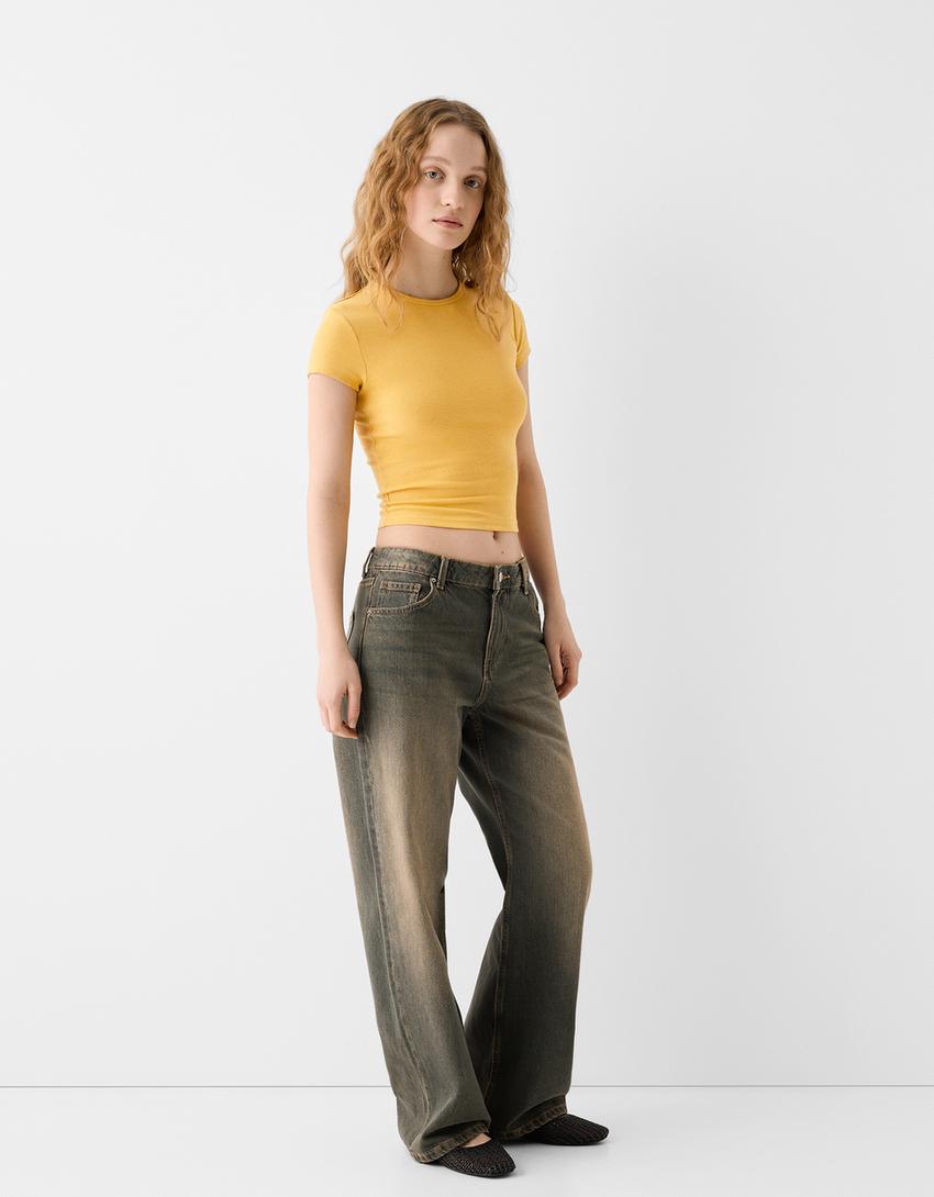 Kısa kollu bisiklet yaka t-shirt-Hardal-3