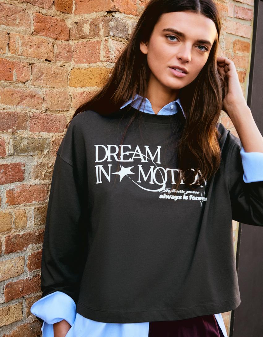 Majica dugih rukava oversize kroja sa printom-Tamnosiva