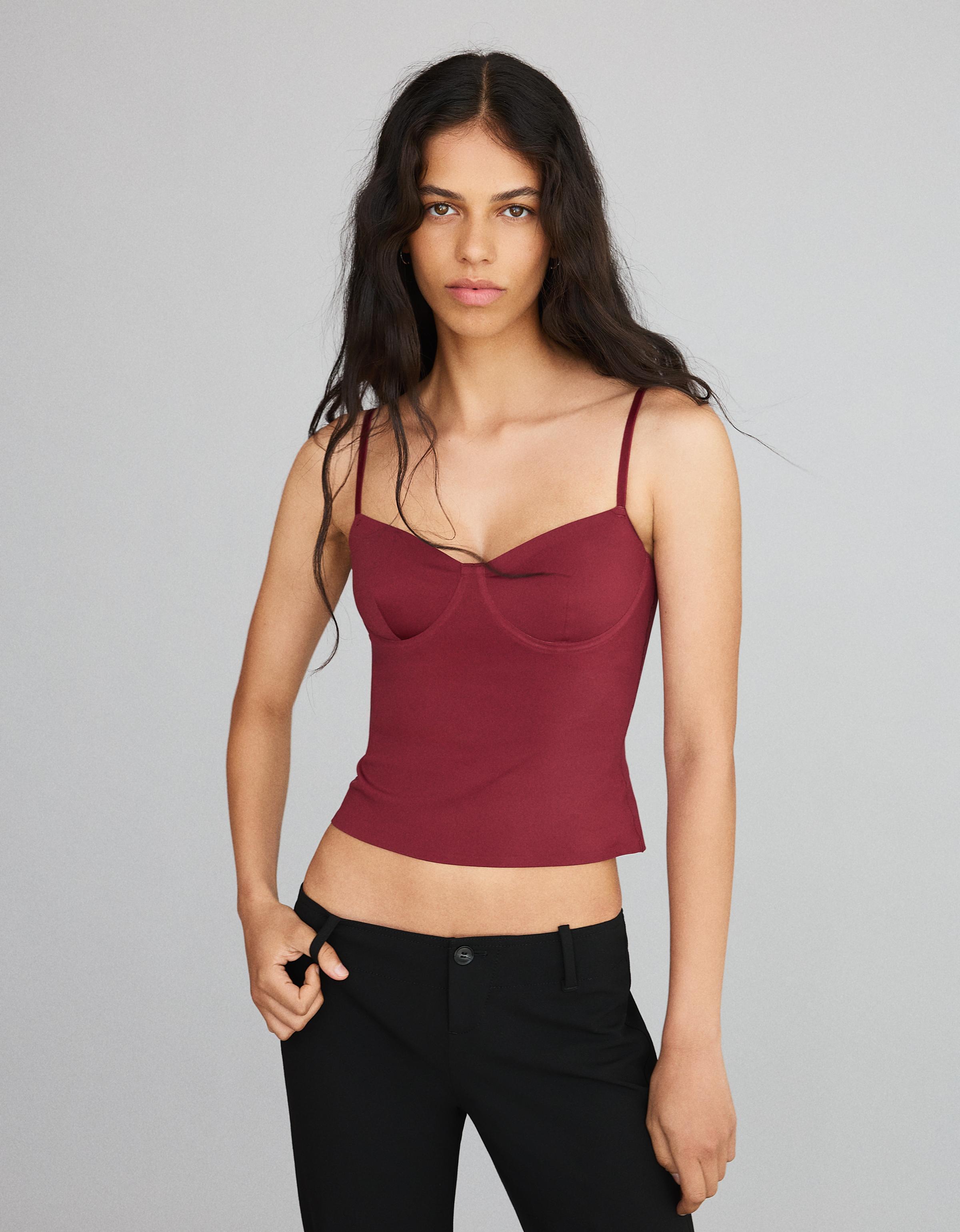 Bershka Top Tirantes Escote Corazón Mujer Rojo