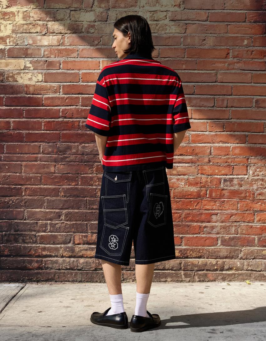 Embroidered stripe short sleeve polo shirt-Red