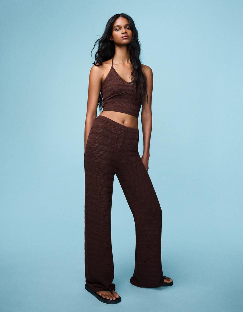 Open knit top and pants set-Open knit top and pants set-0