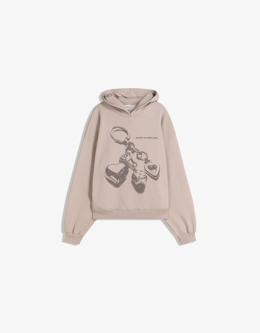 Sweat zippé à capuche imprimé-Gris