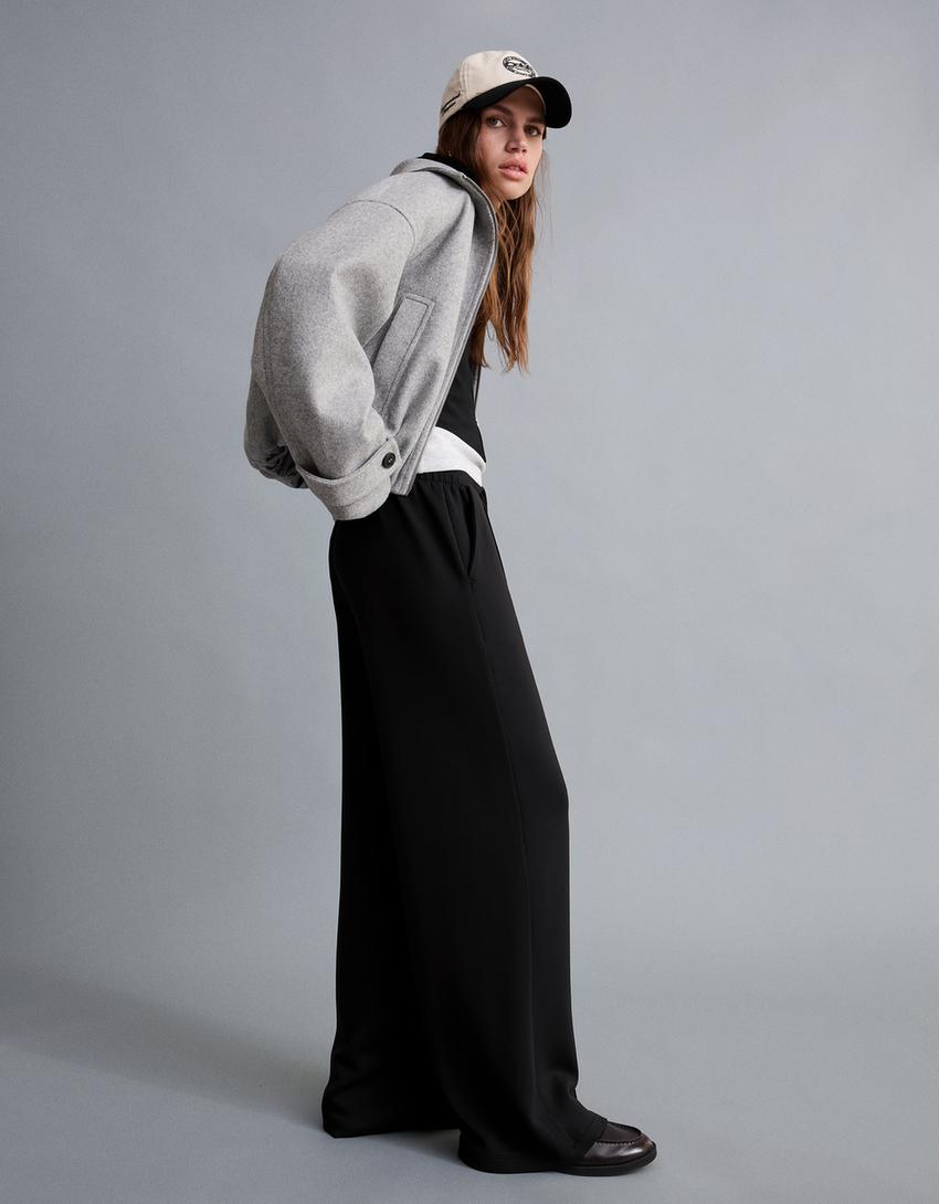 Yumuşak wide leg pantolon-Siyah