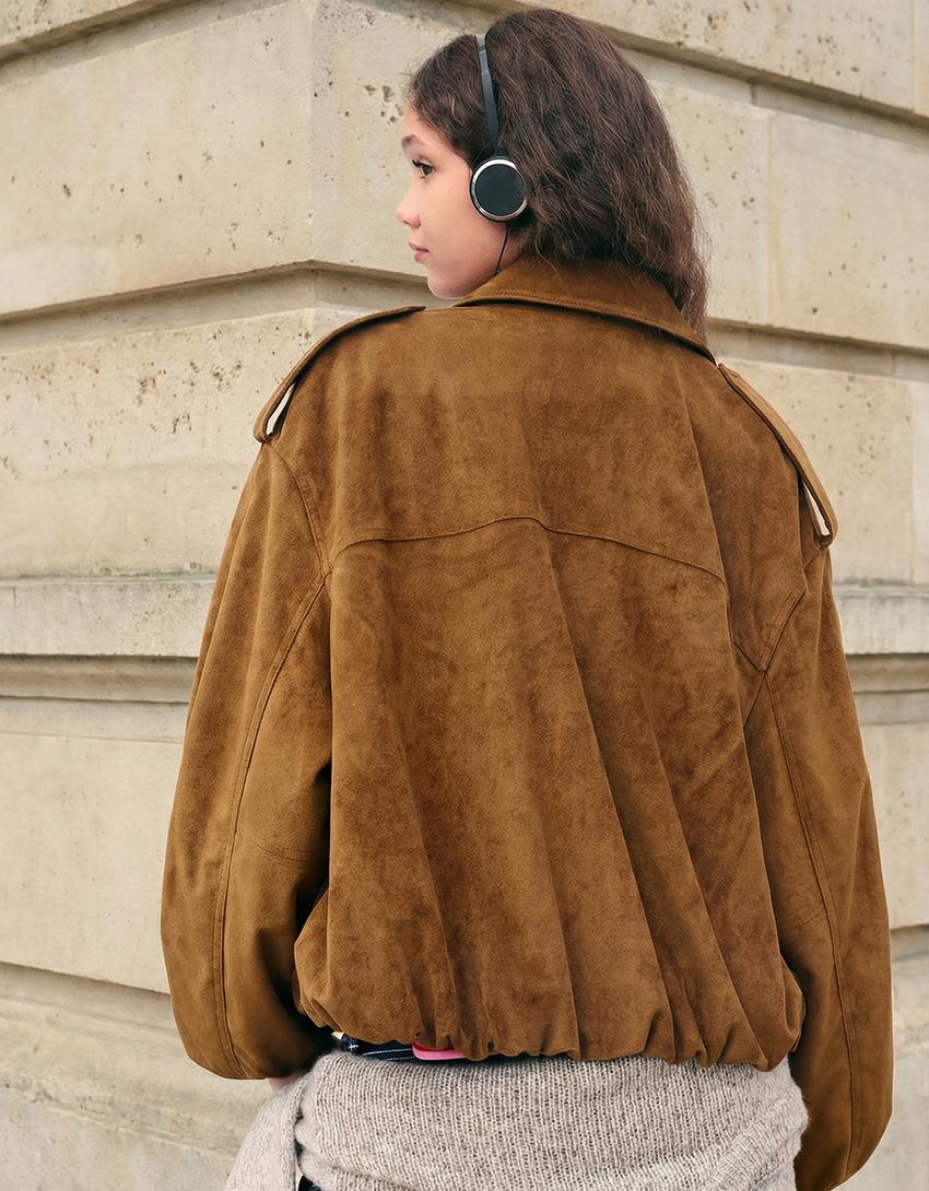 Faux suede balloon jacket-Camel