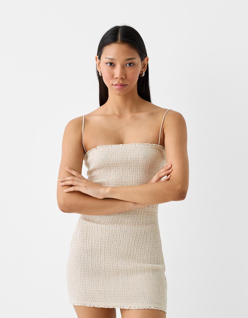 Mini-robe carreaux smocks à fil élastique-Sable-1