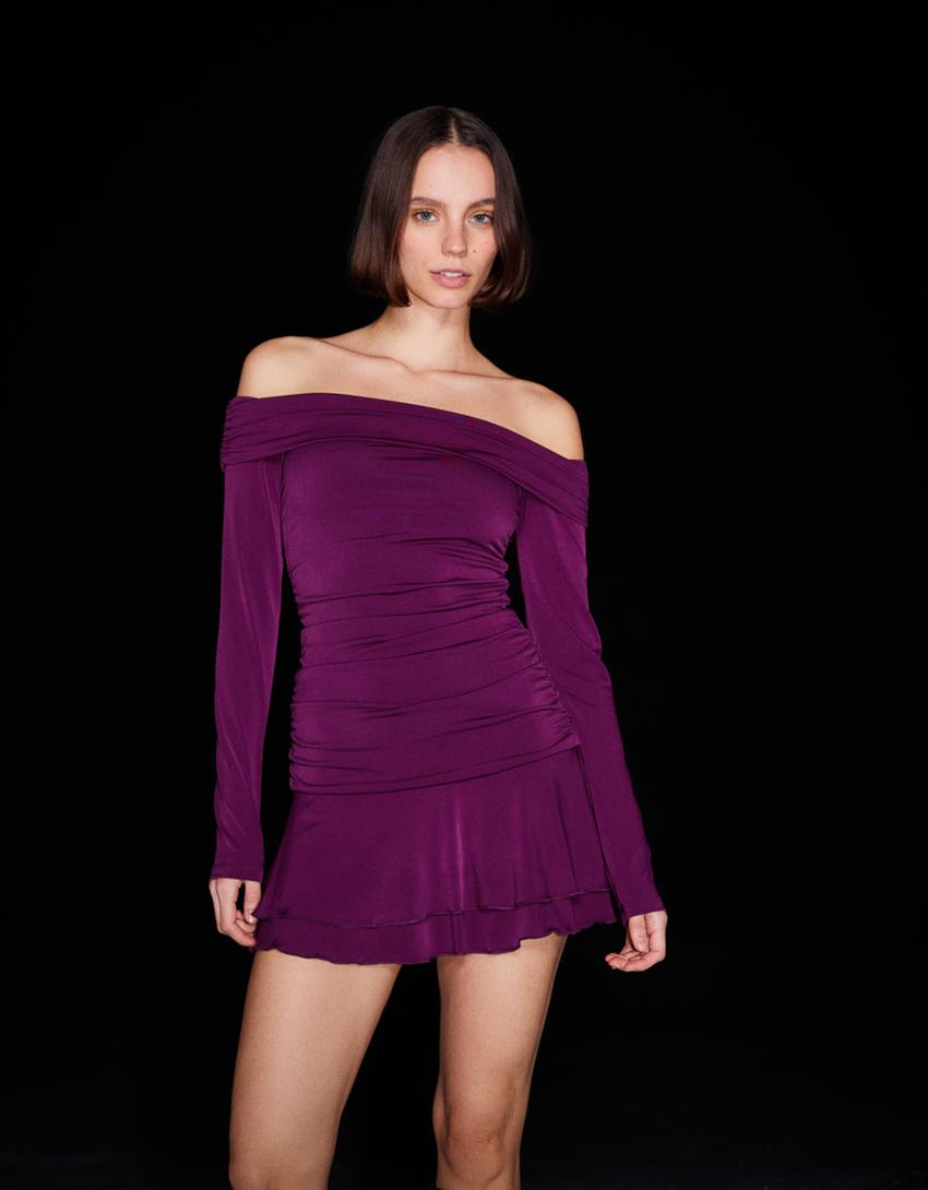 Long sleeve ruffled mini dress-Maroon-0