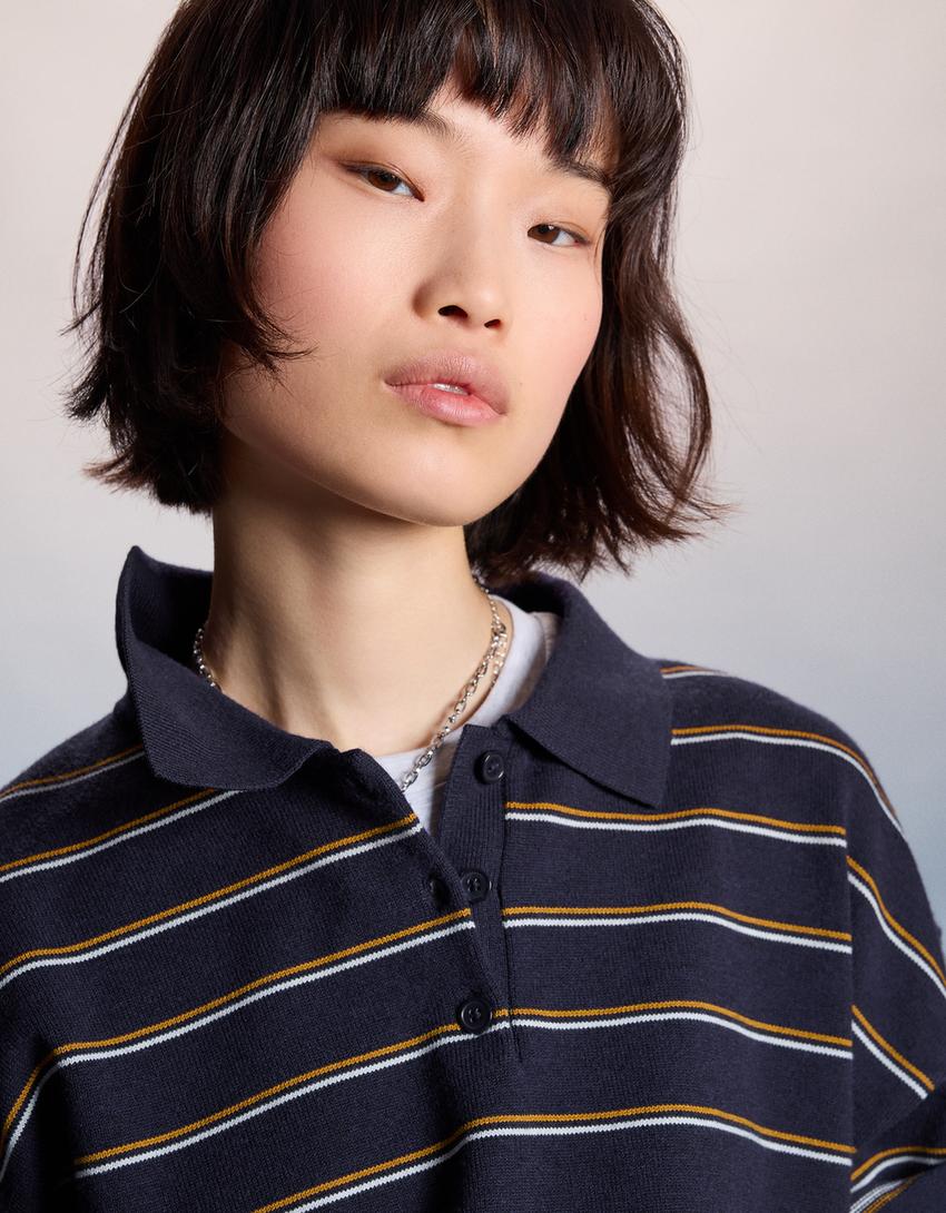 Pull col polo rayé-Marine