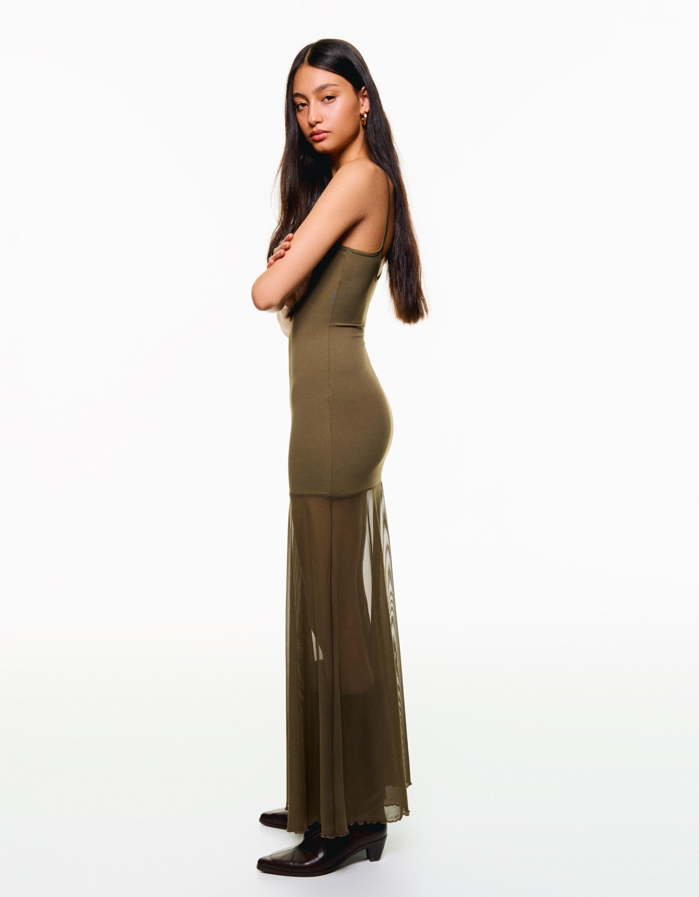 Bershka Maxi-Kleid Mit Trägern Damen S Khaki