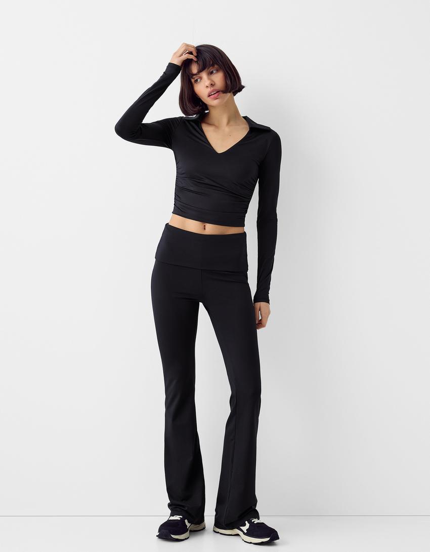 تيشرت من مزيج نايلون بأكمام طويلة وياقة بولو-أسود-3