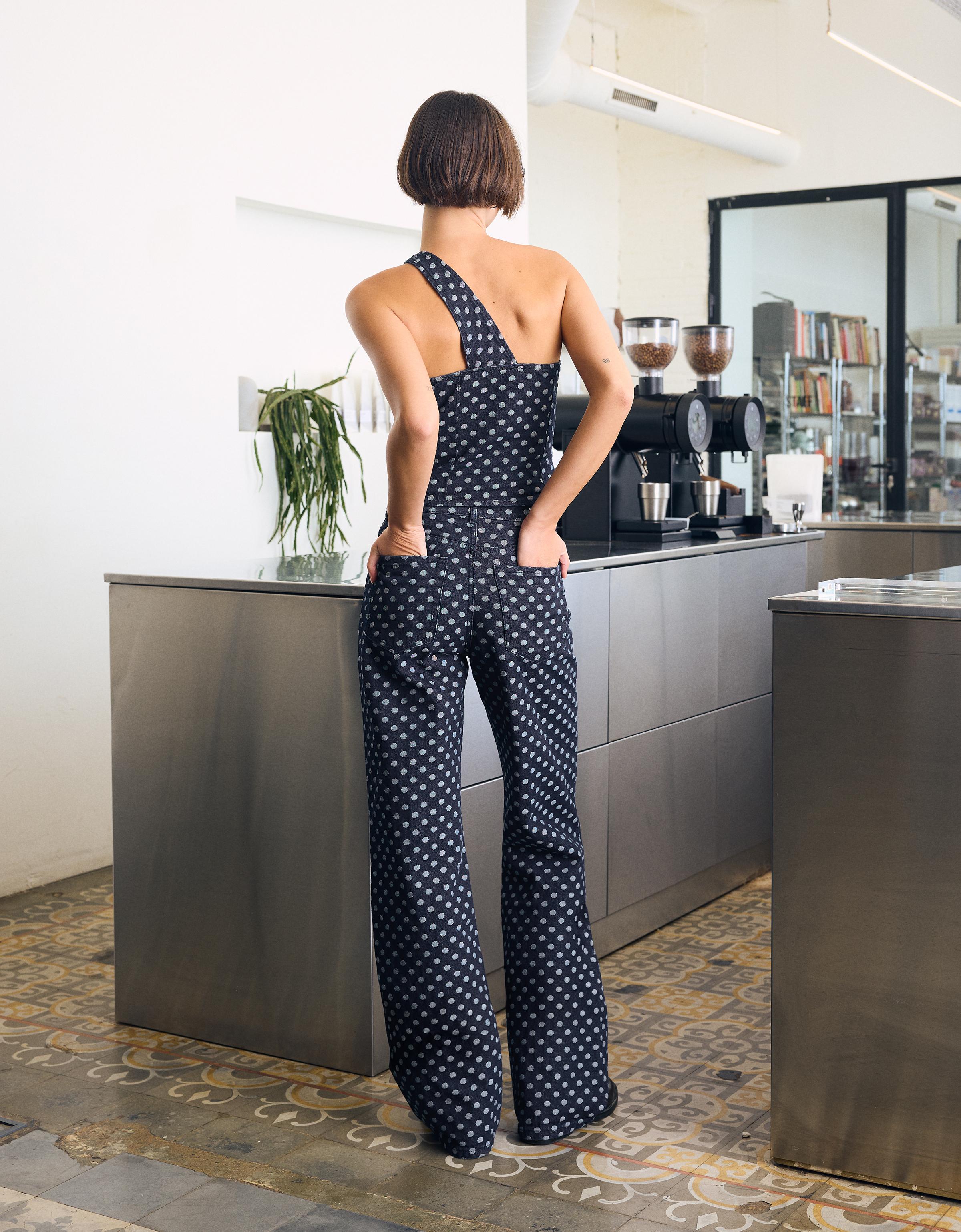 Puantiye desenli yüksek bel straight fit jean - Görsel 10