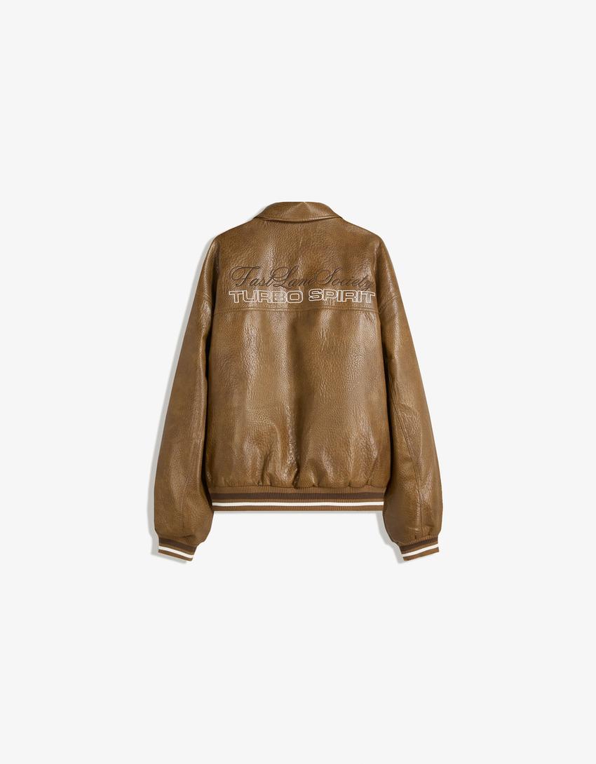Leather effect embroidered jacket-Camel-4