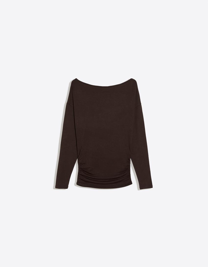 Asymmetric neck long-sleeved T-shirt-Brown