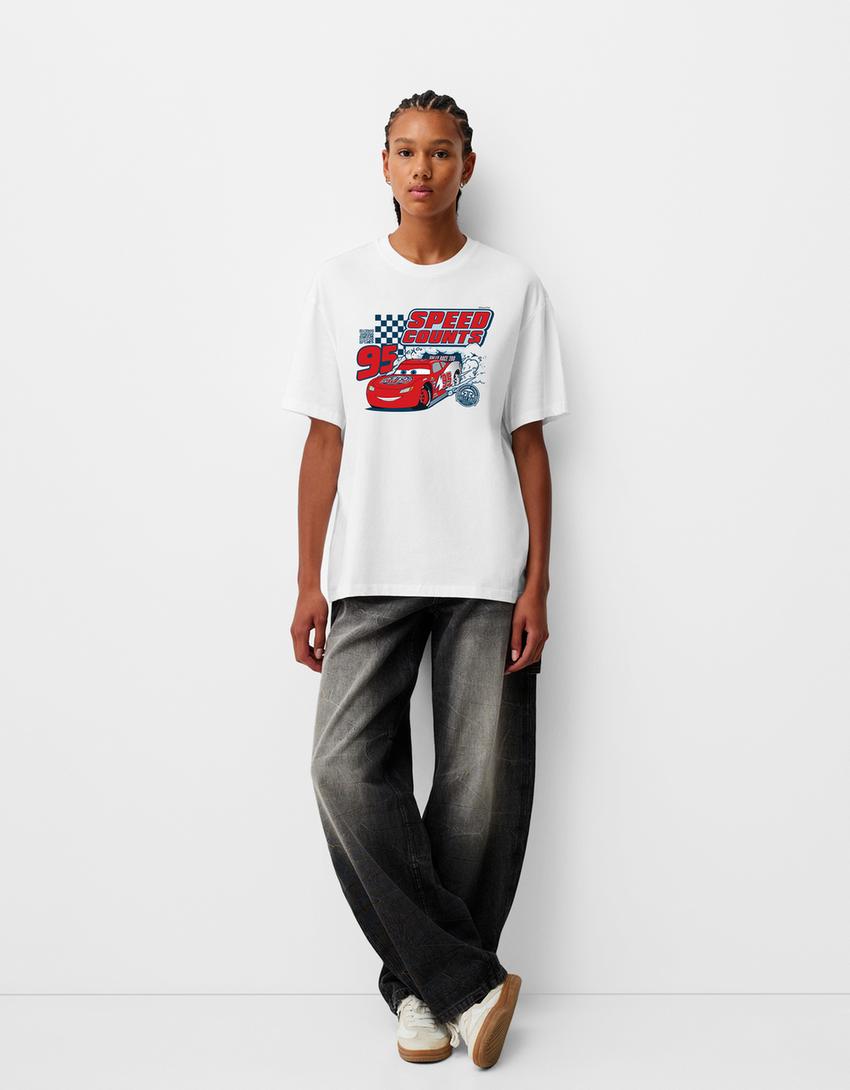 T-shirt met auto's, korte mouw en digitale filter-Wit