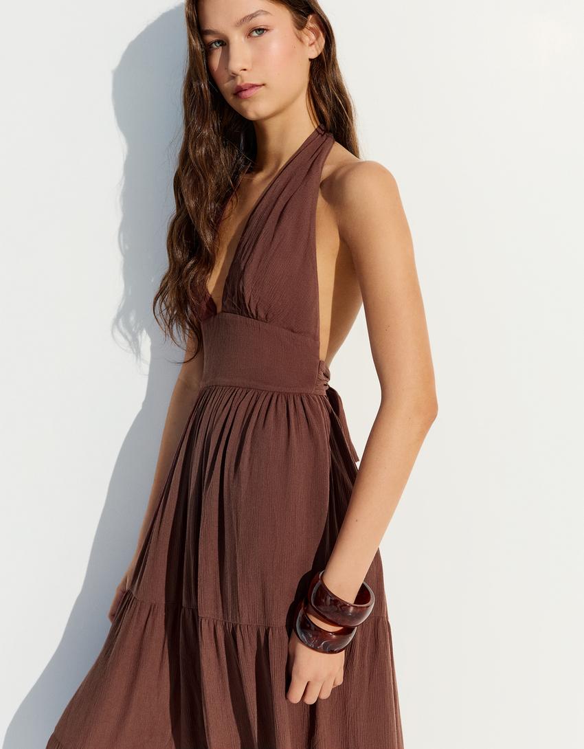 Rustic halter long dress-Brown