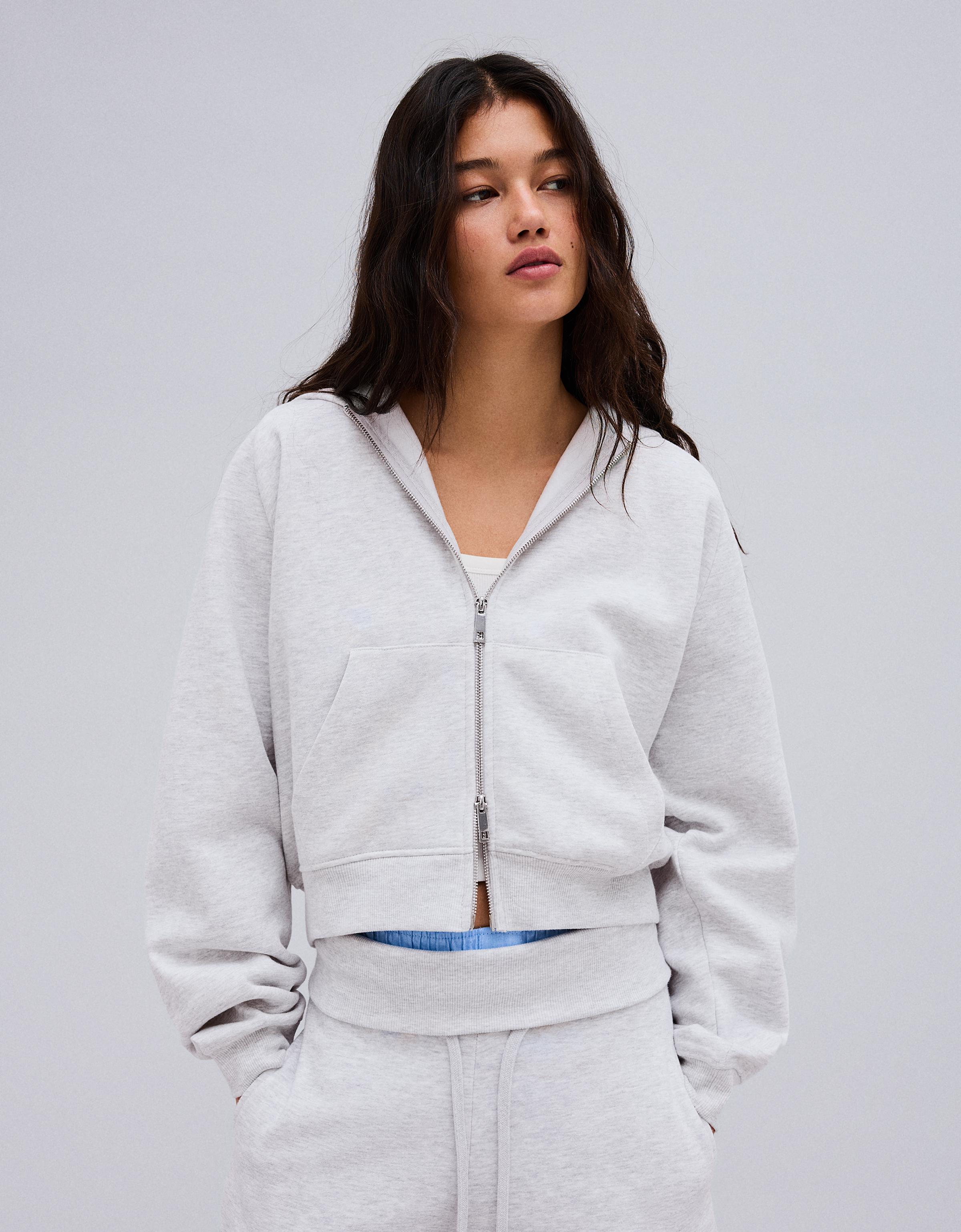 Bershka Chaqueta Capucha Cremallera Felpa Mujer L Gris